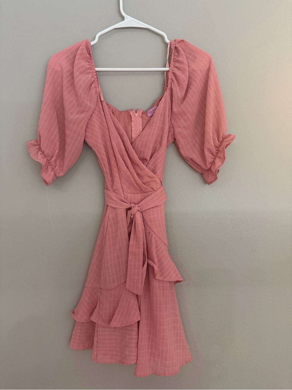 miami Rose Pink Puff Sleeve Wrap Mini Dress